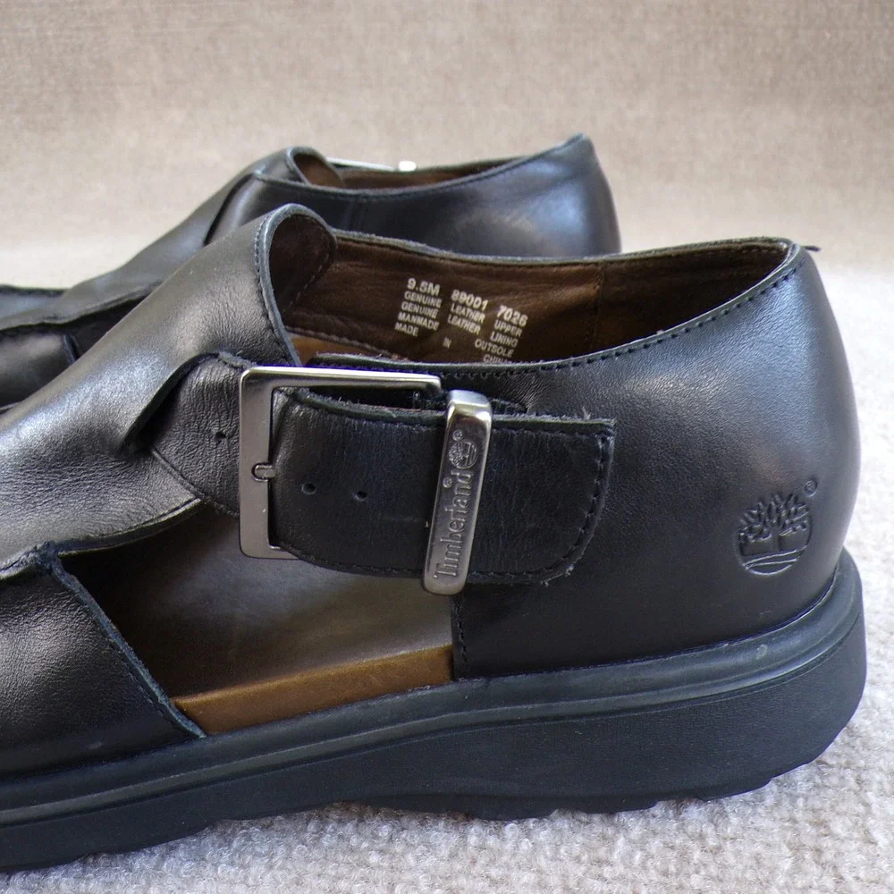 Vintage Timberland Fisherman Sandals Black Leather Buckle Shoes 89001 Mens 9.5M